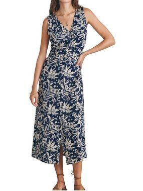 Faherty Sorrento Sleeveless Dress Navy Canopy FloraL Midi Size Medium